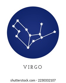 Virgo zodiac sign constellation white asterism on dark blue cosmos night sky. Virgo eastern horoscope scheme, mystic esoteric tarot design element, celestial virgo star scheme.