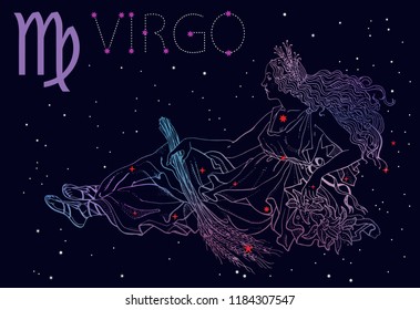 Virgo zodiac sign and constellation. Woman holding wheat ears, the goddess of nature, harvest and femininity. Cosmic background, stars. Horoscope, astrology, mythology. Vintage engraving tattoo style.