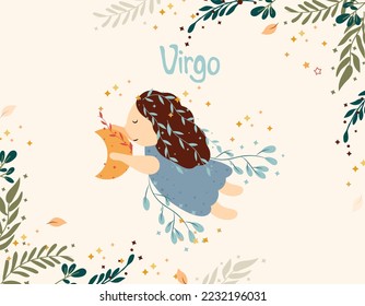 Virgo zodiac sign. Cute banner with The Virgo Holding the Moon, stars, flowers, and leaves. Astrological sign of the zodiac. Vector illustration.