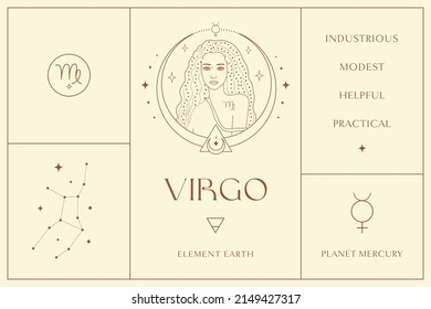 Diseño De Signos Virgo Zodiaco, Logo Resumen Esotérico, Símbolos Espirituales Místicos, Iconos. Astrología, Luna y Estrellas, arte esotérico mágico.