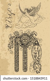 Virgo Zodiac Sign and fantasy mascot on texture. Collection of characters and astrological symbols in victorian style. Vector line art illustration for Horoscope, Esoteric and Mystic design