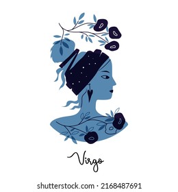 Virgo zodiac sign. Female blue silhouette with flowers and a turban on her head. Vector illustration of an astronomical sign with a girl isolated on a white background. Horoscope with zodiac Virgo.