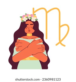 Virgo zodiac sign flat concept vector spot illustration. Attractive woman in wreath hugging shoulders 2D cartoon character on white for web UI design. Astrology isolated editable creative hero image
