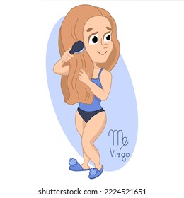 Virgo zodiac sign. Girl combing her hair. Isolate vector illustration. Character Girl on a white background.  Hand drawn illustration.