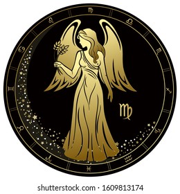 Virgo Zodiac Sign. Golden circle on a black background. Vector illustration.