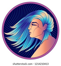 Virgo zodiac sign, horoscope, astrological symbol. Futuristic style icon. Stylized graphic  profile portrait of the young beautiful woman with long, straight blue hair flowing in the wind. Vector art.