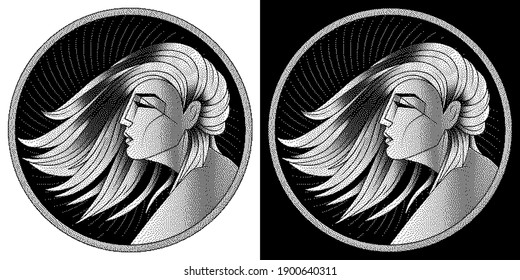 Virgo zodiac sign, horoscope, astrological symbol. Pixel monochrome icon style. Stylized graphic black white portrait in profile of young beauty woman with long, straight hair flowing in wind. Vector