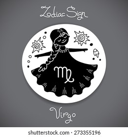 Virgo zodiac sign of horoscope circle emblem in cartoon style. Vector illustration.