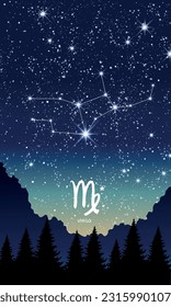 Virgo zodiac sign, horoscope constellation in the night sky, vertical template with copy space for stories. Background for astrology, fortune teller, astronomical calendar. Modern vector illustration.