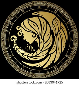 Virgo. Zodiac Schild. Horoskop. Goldener Kreis auf schwarzem Hintergrund.