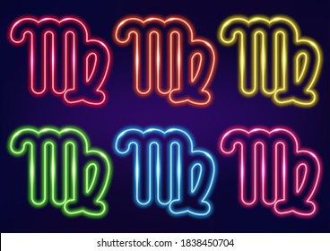 Virgo zodiac sign, horoscope sign in neon style on dark background. Astrology sign, neon frame. Set of neon zodiac signs in different colors.