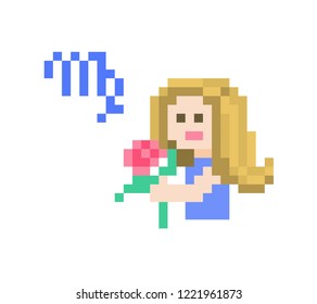 Virgo Zodiac sign icon, 8 bit pixel art beautiful woman with a pink rose flower isolated on white background. Astrological symbol. Esoteric science logo. Horoscope emblem.