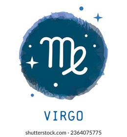 Virgo, zodiac sign icon with caption. Vector dark blue round icon.
