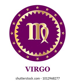 Virgo Zodiac sign icon isolated. Astrology and horoscope design element. Golden symbol on purple background decorated with stars. Vector illustration