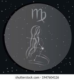 Virgo zodiac sign icon on dark night sky background. Sagittarius constellation