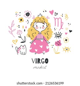 Virgo zodiac Schild Illustration. Astrologisches Horoskop Symbol für Kinder. Farbige Karte mit grafischen Elementen für das Design. Handgezeichnete Vektorgrafik im Cartoon-Stil mit Schriftzeichen