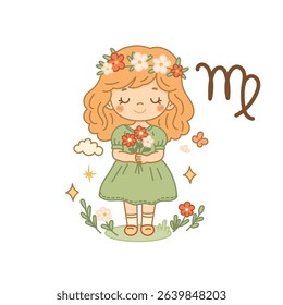 Virgo zodiac sign illustration, cute girl with flowers