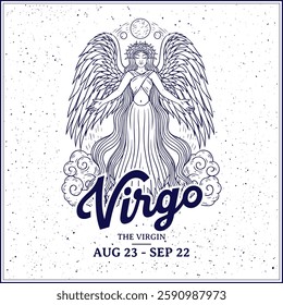 Virgo Zodiac Sign Line Art – Delicate Vintage Illustration of The Maiden with Botanical and Celestial Details Horoscope and Astrology Art