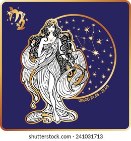 Virgo zodiac sign. Lovely female in  Greek dress and flowing hair  standing on circle of horoscope signs with constellation.Blue background.Art Nouveau