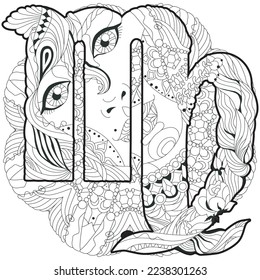 Virgo zodiac sign with mandala cute cartoon virgo character retro zentangle stylized 