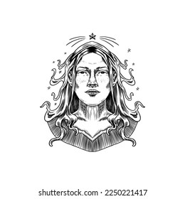 Virgo Zodiac Schild. Modernes magisches Astrologisches Symbol. Illustration des Horoskops. Boho Design für Hexenkarte. Handgezeichnete alte monochrome Skizze.