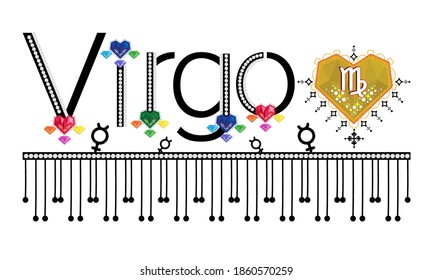 Virgo. Zodiac sign. Moon sign. Astrology sign gemstone label. Horoscope vector. Vedic sign title. Astrology sticker. Astronomy badge. Stock illustration. Lettering text. Gems and patterns.