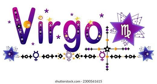 Virgo. Signo zodiaco. Señal de la luna. Etiqueta de astrología. Señal de sol. Etiqueta astrológica. Estrellas espaciales planetas. Vector de horóscopo. Título védico de la señal. Insignia de astronomía. Ilustración bursátil. Texto de la carta. 