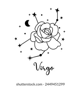 Virgo zodiac sign with moon, flower and stars. Celestial constellation 