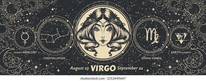 Virgo zodiac sign, mystical modern astrology banner on night landscape background, horoscope vector background. Realistic hand drawn, aesthetic vintage card, earth element.