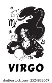 Virgo zodiac sign, mystical woman with magic ball in hands and flowing hair, hand drawn horoscope vector illustration. Esoteric print.