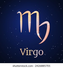 Virgo zodiac sign on dark blue starry sky. Virgo symbol. Astronomy, astrology, horoscope. Cosmos. Sixth zodiac sign - the ruler planet Mercury. Element - Earth. The Maiden. Vector illustration