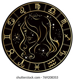 Virgo. Zodiac Sign on a dark background in a gold frame with stars. Vector illustration.