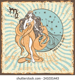 Virgo zodiac sign on Horoscope circle with constellation on grunge vintage background.Graphic Vector Illustration in retro style.  