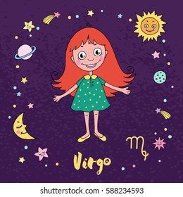 Virgo zodiac sign on night sky background with stars, sun, moon and planets. Design elements for calendars or cards. Vector illustration in cartoon style