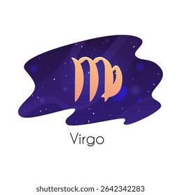 Símbolo do zodíaco de Virgem no céu estrelado. Símbolo de Virgem do Horóscopo no fundo do espaço. Ilustração plana astrológica vetorial. Elemento moderno do projeto da adivinhação no quadro decorativo