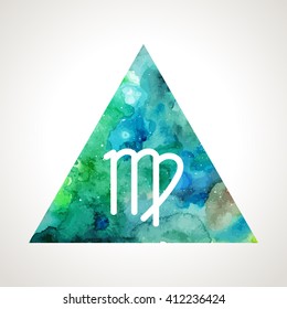 Virgo zodiac sign on watercolor triangle background. Astrology symbol