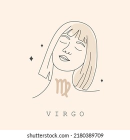 Virgo zodiac sign. One line drawing. Astrological icon with abstract woman face. Mystery and esoteric outline logo. Horoscope symbol. Linear vector illustration in minimalist style.