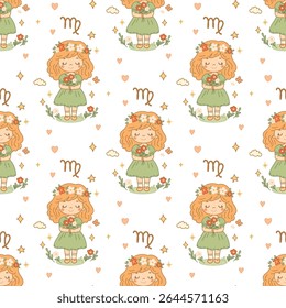 Virgo zodiac sign pattern, cute floral girl design