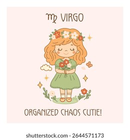 Virgo zodiac sign poster, cute floral girl character