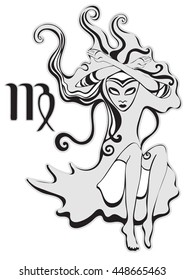 Virgo zodiac sign. Queen of Spades. Psychedelic, abstract gothic girl in surreal style. Monochrome lady, black and white vector illustration. For the design of astrology, t-shirt design, tattoo, card