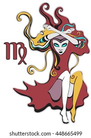 Virgo zodiac sign. Queen of Spades. Psychedelic, abstract gothic girl in a surreal style. Character fabulous. For the design of astrology, print, t-shirt design, tattoo, playing card. Vector