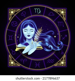 Virgo zodiac sign represented by a young maiden carrying a sheaf of wheat. Neon horoscope symbol in circle with other astrology signs sets around.