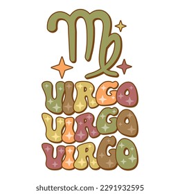 Virgo zodiac sign. Retro wavy text horoscope design.