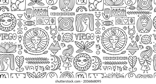 Virgo Zodiac Sign. Seamless pattern with design elements