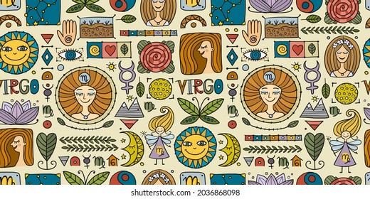 Virgo Zodiac Sign. Seamless pattern with design elements