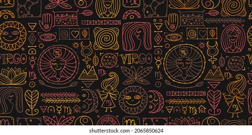 Virgo Zodiac Sign. Seamless pattern with design elements