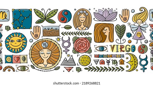 Virgo Zodiac Sign. Seamless pattern with design elements