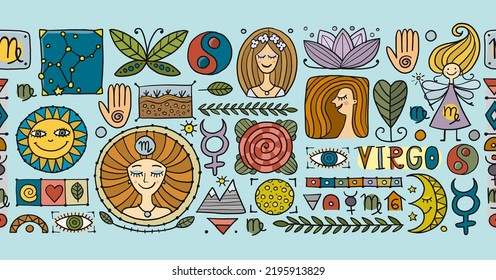 Virgo Zodiac Sign. Seamless pattern with design elements