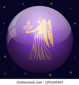 Virgo zodiac sign in the sphere of purple. Isolated on black background with stars.