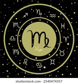 Virgo zodiac Iniciar sesión un circulo estrellado, rodeado de todos los signos del zodiaco. Perfecto para temas de astrología, imágenes de horóscopo y diseños celestiales. Fondo cósmico oscuro. Ideal para uso digital o impreso